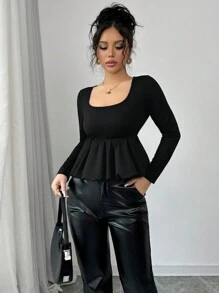 Chiquease تيشيرت كاجوال فضفاض بأكمام طويلة وياقة على شكل حرف U للنساء، ألوان سادة، خريفي - الأسود - مشاهدة 6