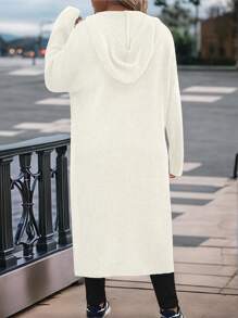 SHEIN LUNE 大码纯色长袖简约开衩下摆连帽休闲毛衣连衣裙 - 米色 - 查看 2