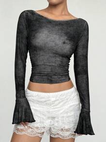 Flirla Boat Neck Flare Sleeve Distressed Fitted Women T-Shirt - Dark Grey - View 6