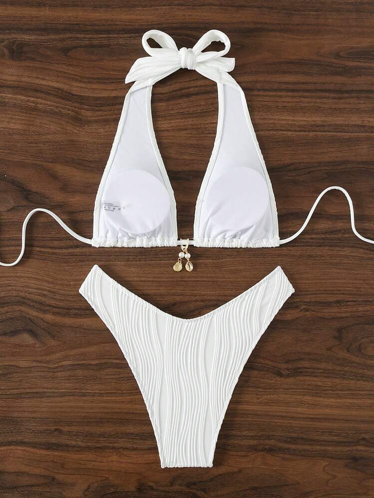 SHEIN Swim 夏季海滩女士纯色挂脖比基尼套装带人造珍珠和贝壳吊坠装饰，两件套 - 白色 - 查看 7