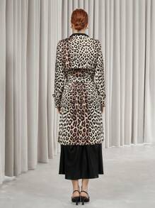 Aveloria Modichic Retro Leopard Print Canvas Belt Double-Breasted Design Fashionable Mid-Length Trench Coat, Autumn/Winter Fall Cloth For Women - Multicolor - View 2