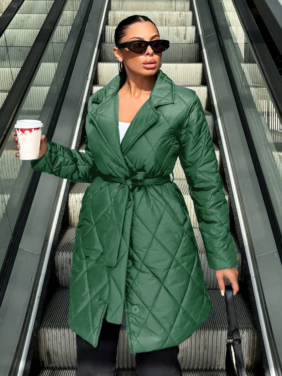 EURMUSE Women Casual Plain Diamond Quilted Padded Coat, Winter - Green - View 1