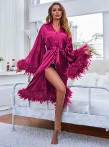 Áo choàng satin thắt lưng viền lông mịn Luxeloungewear, Thu - Màu Hồng Tươi - Xem 4