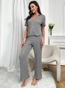 生菜色饰边上衣和裤子休闲套装 - 灰色 - 查看 4