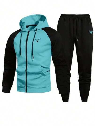 Manfinity Homme Conjunto de sudadera con capucha y pantalones largos casuales simples para hombre, ropa de otoño