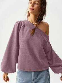 Bohemela Vacation Solid Color Knit Loose Fit Asymmetrical Neck Long Sleeve Women Sweatshirt