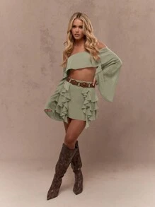 MISSGUIDED 波希米亞幸運符鼠尾草綠荷葉邊迷你裙，側邊層疊流蘇設計，適合節慶聖帕特里克節派對愛爾蘭主題波希米亞風舞蹈慶典 - 綠色 - 查看 4