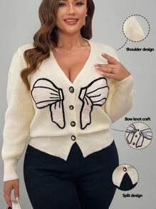 SHEIN Unity 大码女式杏色蝴蝶结针织开衫，优雅秋冬季 - 米色 - 查看 1