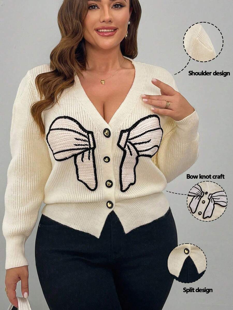 SHEIN Unity 大码女式杏色蝴蝶结针织开衫，优雅秋冬季 - 米色 - 查看 1