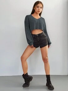 SHEIN 感恩节女孩秋季服装 V 领落肩罗纹针织短款 T 恤