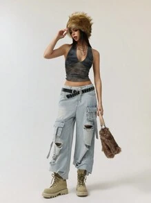 StreetHx Top de tirantes con estampado de teñido anudado, escote profundo en V y espalda descubierta de malla para mujeres - Verde Oscuro - Ver 3