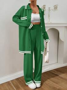 EURMUSE Women Stripe Pattern Pocket Detailed Front Button Cardigan & Sweater Pants Set - Green - View 7