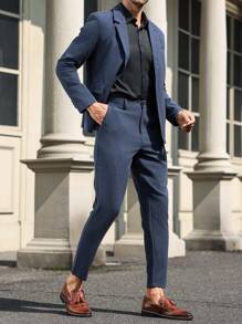 Manfinity Mode Męski garnitur biznesowy dojazdowy w jednolitym kolorze, kurtka i spodnie - Granatowy - Zobacz 2