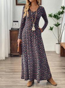SHEIN LUNE 女士 V 领长袖全印花休闲长裙 - 彩色 - 查看 5