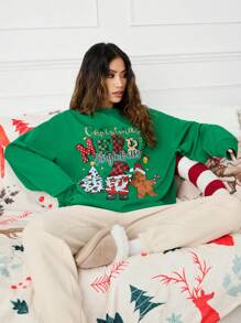 Manfinity VCAY Printed Digital Graphic Loose Fit Drop Shoulder Crew Neck Sweatshirt, Christmas Going Out Graphic Long Sleeve Forest Green Sweatshirt, For Friends, Husband, Boyfriend Gifts, For Fall Winter - Green - View 3