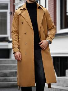 Manfinity Homme 男士休闲翻领双排扣系带长款风衣，适合送给朋友、丈夫、男朋友的礼物 - 卡其色 - 查看 5