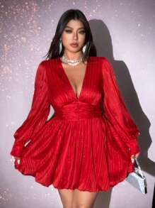 Viva Relle Plus Size Women V-Neck Lantern Sleeve Ruched Waist Short Dress For New Year Clothes,Valentine - Red - View 2