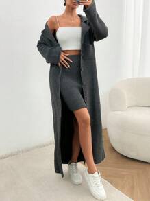 SHEIN Cottnline Maxi Cardigan And Mini Skirt Knit Set - Grey - View 3
