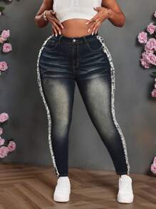 Slaydiva Plus Size Sexy Skinny Stretch Distressed Blue Jeans - Dark Wash - View 6