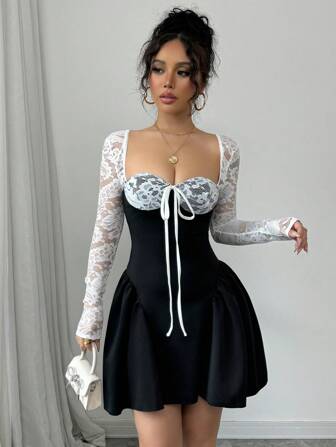 Chiquease Holiday Costume Dress Christmas Party Ball White Lace Long Sleeve Princess Tutu Sexy Mini Dress;Fall Women Clothes;Holiday Party Dress;New Year Eve Dress;New Years Women Outfit,Valentine's Day Mini Dress, Spring/Summer Mini Dress,Black And White Stitching Black Corset Dress