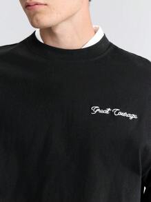 Ontre Men's Letter Print Contrast Trim Round Neck Casual Long Sleeve T-Shirt - Black - View 4