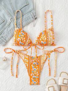SHEIN Swim 女士花卉印花系带丁字裤比基尼套装，性感比基尼套装，适合度假和海滩，随机印花，夏季海滩 - 亮橙色 - 查看 1