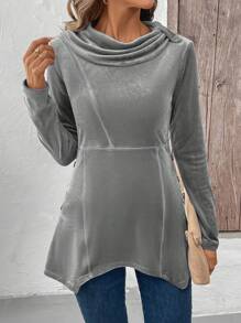 SHEIN LUNE Camisa de cuello alto para mujer para otoño/invierno, de hombro recto y manga larga, con panel delantero en patchwork, bajo asimétrico, detalles de botones a los lados, uso casual de todos los días