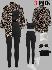 SHEIN LUNE Set de 3 piezas: Camisa, top y leggings con estampado de leopardo para otoño-invierno 2024, de estilo casual - Multicolor - Ver 1