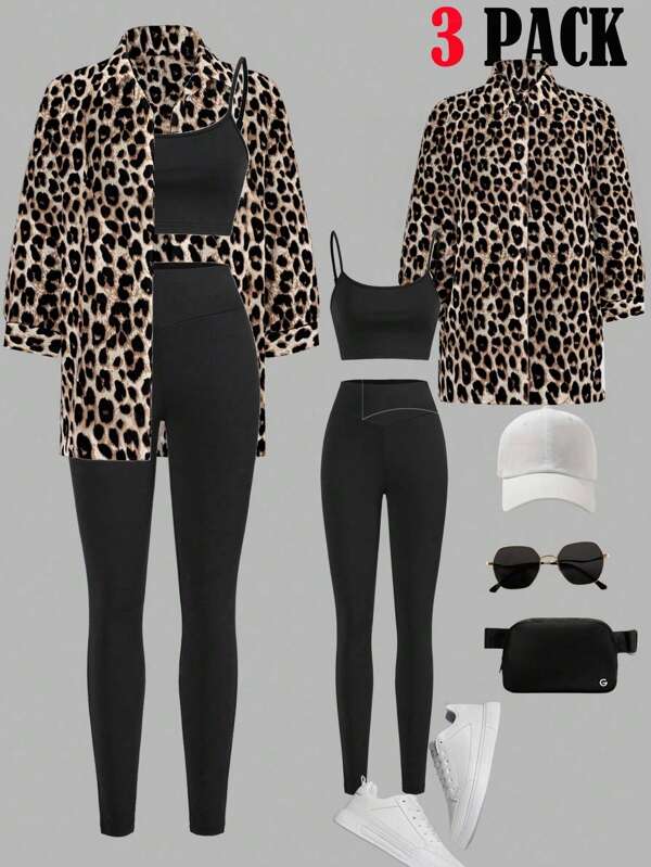 SHEIN LUNE 3pcs Set: 2024 Autumn Winter Leopard Print Shirt, Tank Top, And Leggings,Casual