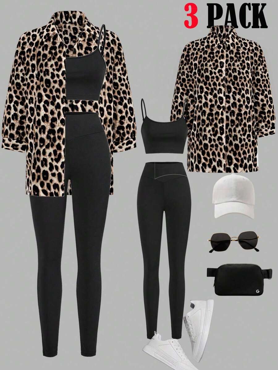 SHEIN LUNE Set de 3 piezas: Camisa, top y leggings con estampado de leopardo para otoño-invierno 2024, de estilo casual - Multicolor - Ver 1