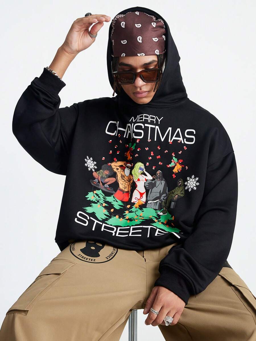 Manfinity NXTstreet Men's Christmas Slogan Graphic Printed Casual Long Sleeve Hooded Sweatshirt, Autumn/Winter Black Hoodie, For Friends, Husband, Boyfriend Gifts - Black - View 1