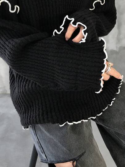 FRIFUL 女士荷叶边领长袖宽松撞色针织毛衣，秋冬，秋季女装