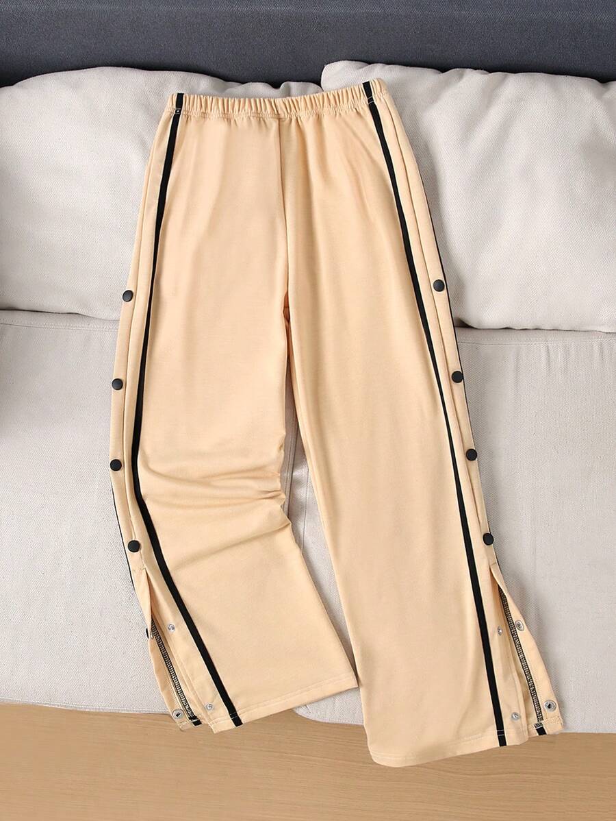 SHEIN Tween Boys Casual Straight Button-Front Sweatpants, Fashion Sports Long Trousers, Autumn/Winter - Apricot - View 1