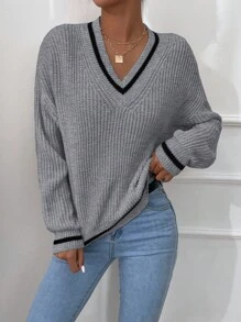 RueChic Striped Trim Drop Shoulder Jumper - Grey - View 5