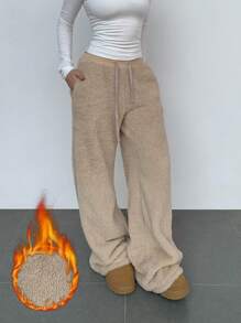 SHEIN BASICS 休闲纯色针织双面绒高腰阔腿宽松保暖女裤 - 卡其色 - 查看 1