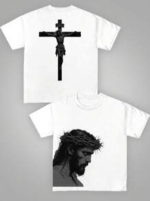 Manfinity Dauomo Manfinity Dauomo Heren Losse T-shirt met Ronde Hals en Afhangende Schouders, Casual Gepersonaliseerde Letterprint Korte Mouw Artistiek Patroon