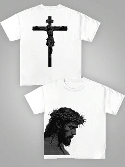  Manfinity Dauomo 男士宽松落肩圆领T恤，休闲个性字母印花短袖艺术图案