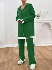 EURMUSE Women Stripe Pattern Pocket Detailed Front Button Cardigan & Sweater Pants Set - Green - View 5