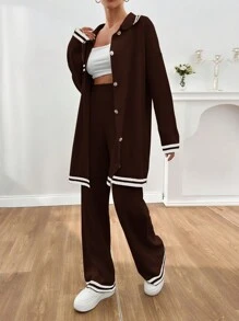 EURMUSE Women Stripe Pattern Pocket Detailed Front Button Cardigan & Sweater Pants Set - Brown - View 6