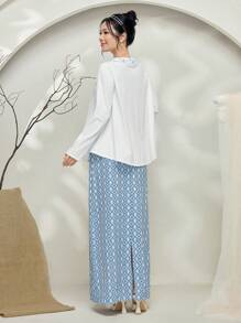Graceveil Baju Kebaya Outfit: Contrast Color Lace Embroidered Long Sleeve Blouse And Full Print Skirt Set Modest - White - View 2