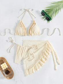 3 Pcs Women Beach Outfit Set: Lace Halter Backless Crop Top, Ruffle Trim Mini Skirt, Sexy Bikini For Summer Beach Vacation - Apricot - View 4