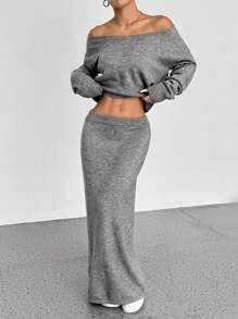 Flirla Conjunto de 2 piezas con suéter de escote en V de longitud media y falda mini de punto de estilo elegante y casual de inspiración estadounidense para otoño/invierno, favorecedora - Gris - Ver 4