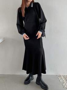 FRIFUL 女士条纹 Polo 领长袖 A 字形休闲针织毛衣连衣裙，适合秋冬季 - 黑色 - 查看 4