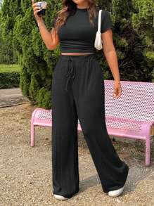 Solflare Plus Size Textured Knit T-Shirt & Drawstring Pants 2 Pieces Set, Casual - Dark Grey - View 7