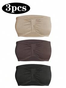 Women's Strapless Ruched Knitted Fabric Bra 3pcs Casual Comfy Plain Multicolor Bras - Multicolor - View 4