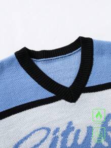 Manfinity Campus Court Áo len dài tay cổ tròn họa tiết kẻ sọc và chữ thường ngày cho nam, mùa thu/đông, đi chơi, bạn bè - Nhiều màu - Xem 4