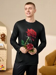 Notgurli Men's Rose Floral Pattern Pajama Shirt - Black - View 1