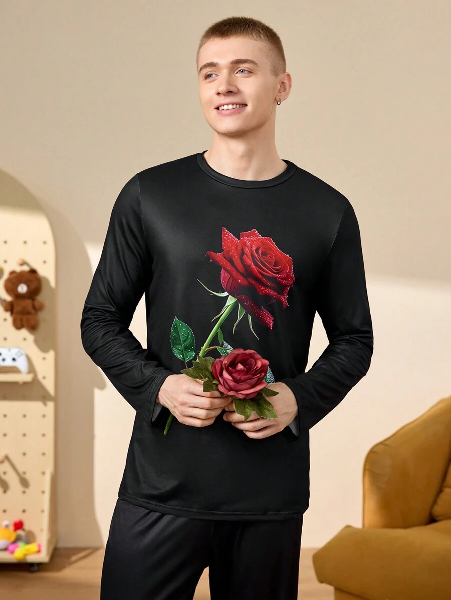 Notgurli Men's Rose Floral Pattern Pajama Shirt - Black - View 1