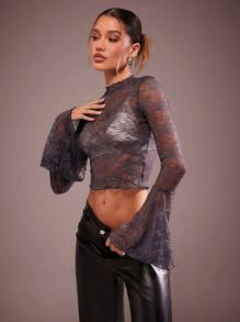 Hauture 优雅性感花朵蕾丝长喇叭袖生菜下摆假日部分上衣 - 藏蓝色 - 查看 4