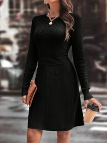 SHEIN Clasi 纯色收腰黑色长袖毛衣连衣裙，秋冬季休闲装 - 黑色 - 查看 5